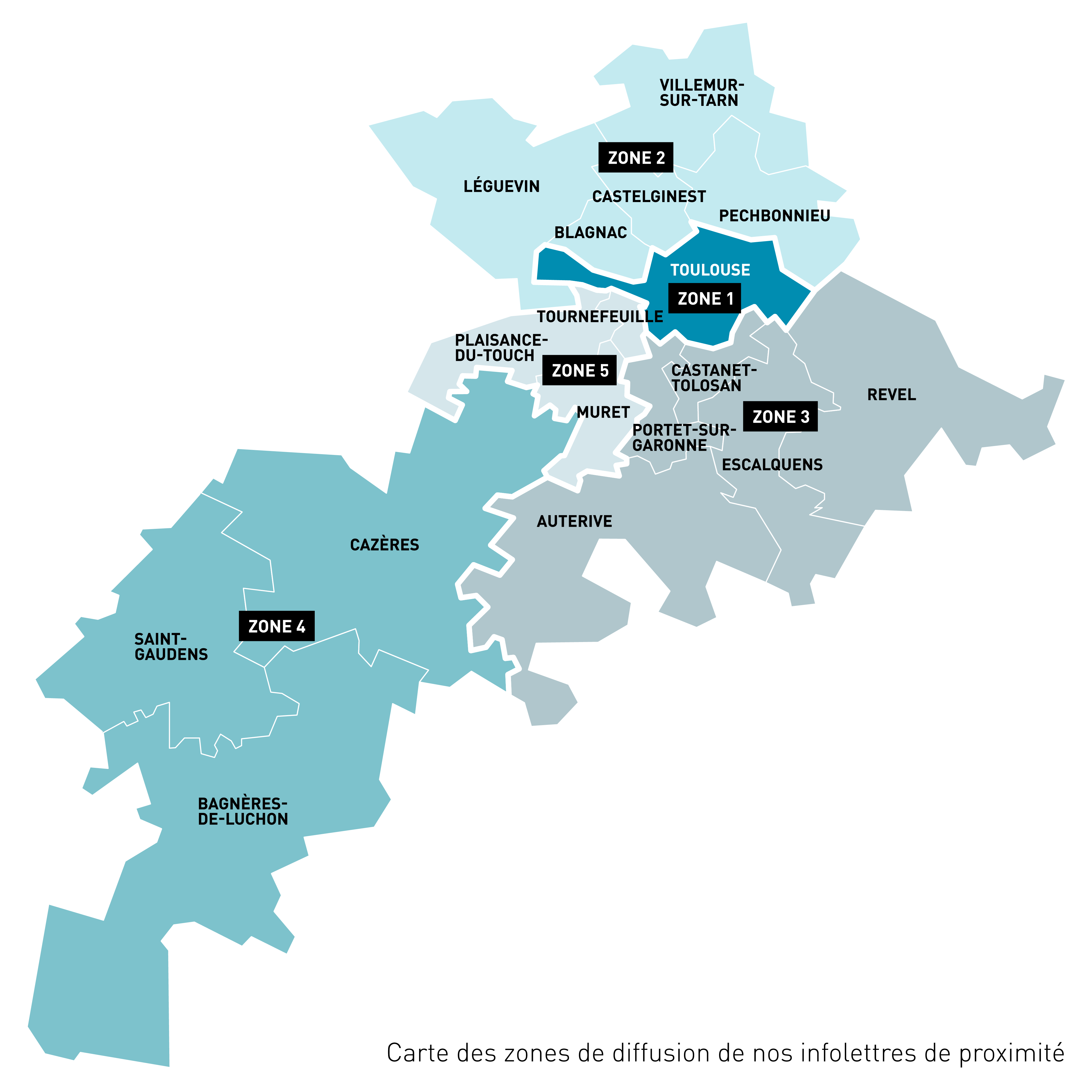 Carte des zones de diffusion de nos infolettres de proximité